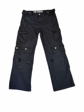 VIP JEANS Women’s Black Cargo Utility Pants Sz 15/32 Wide Leg Multiple Pockets